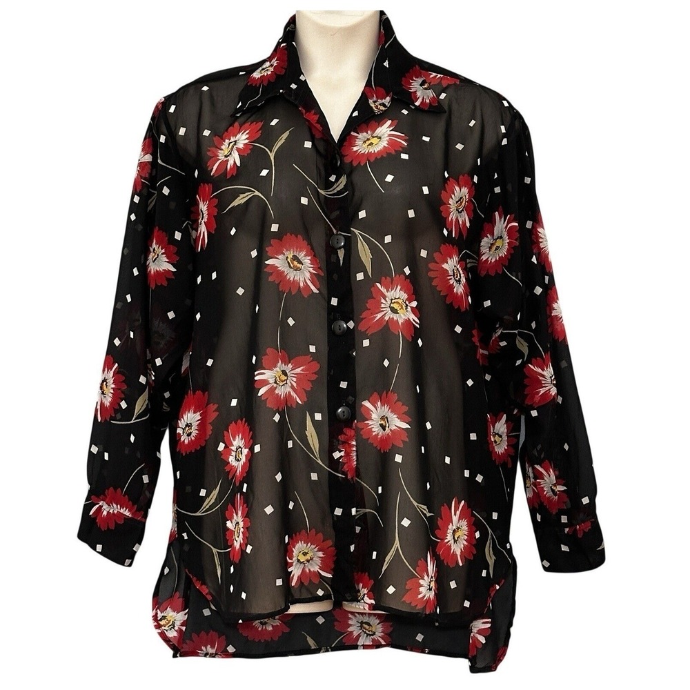 VTG Womens Top Plus 3X Black Red Dark Floral Sheer Button Up Layer Comfort Y2K